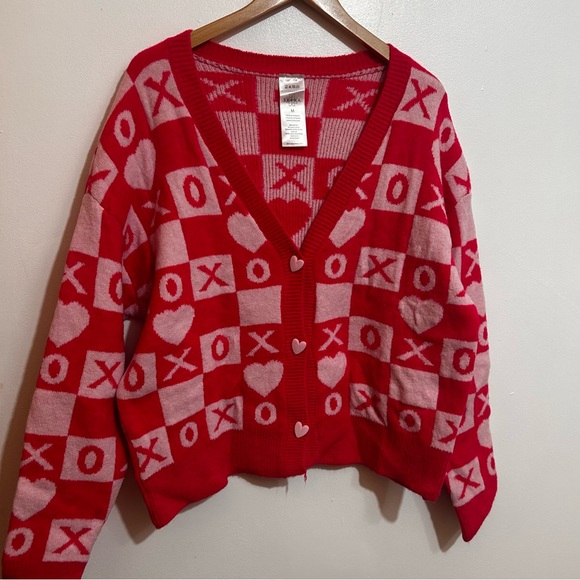 Serra Sweaters - Serra Red and Pink Heart XO V-Neck Cardigan